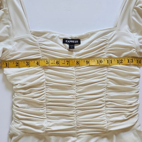 Express Ivory Ruched Puff-Sleeve Top with Peplum Size Small - Picture 8 of 10